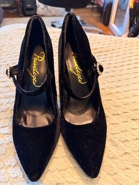Privileged Black Velvet Mary Jane Pointed Toe Heels with Decorative Buckle